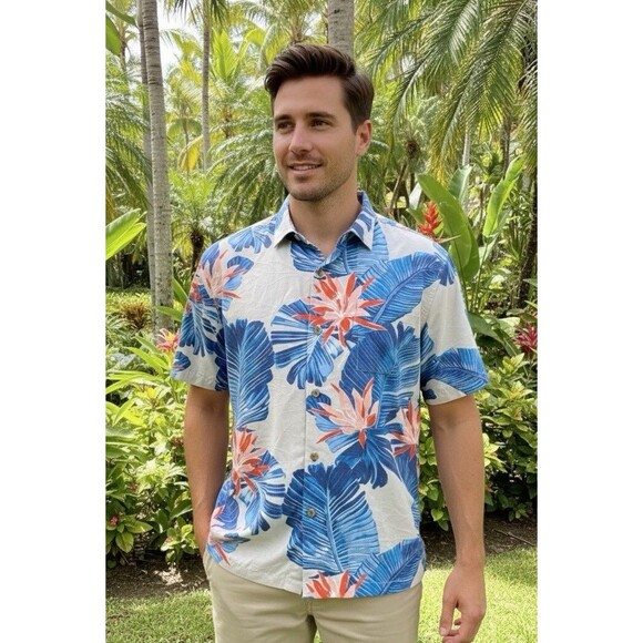 Tommy Bahama Mens L Blooming Palms Camp Shirt Breeze Overall Print Graphic - Picture 1 of 12